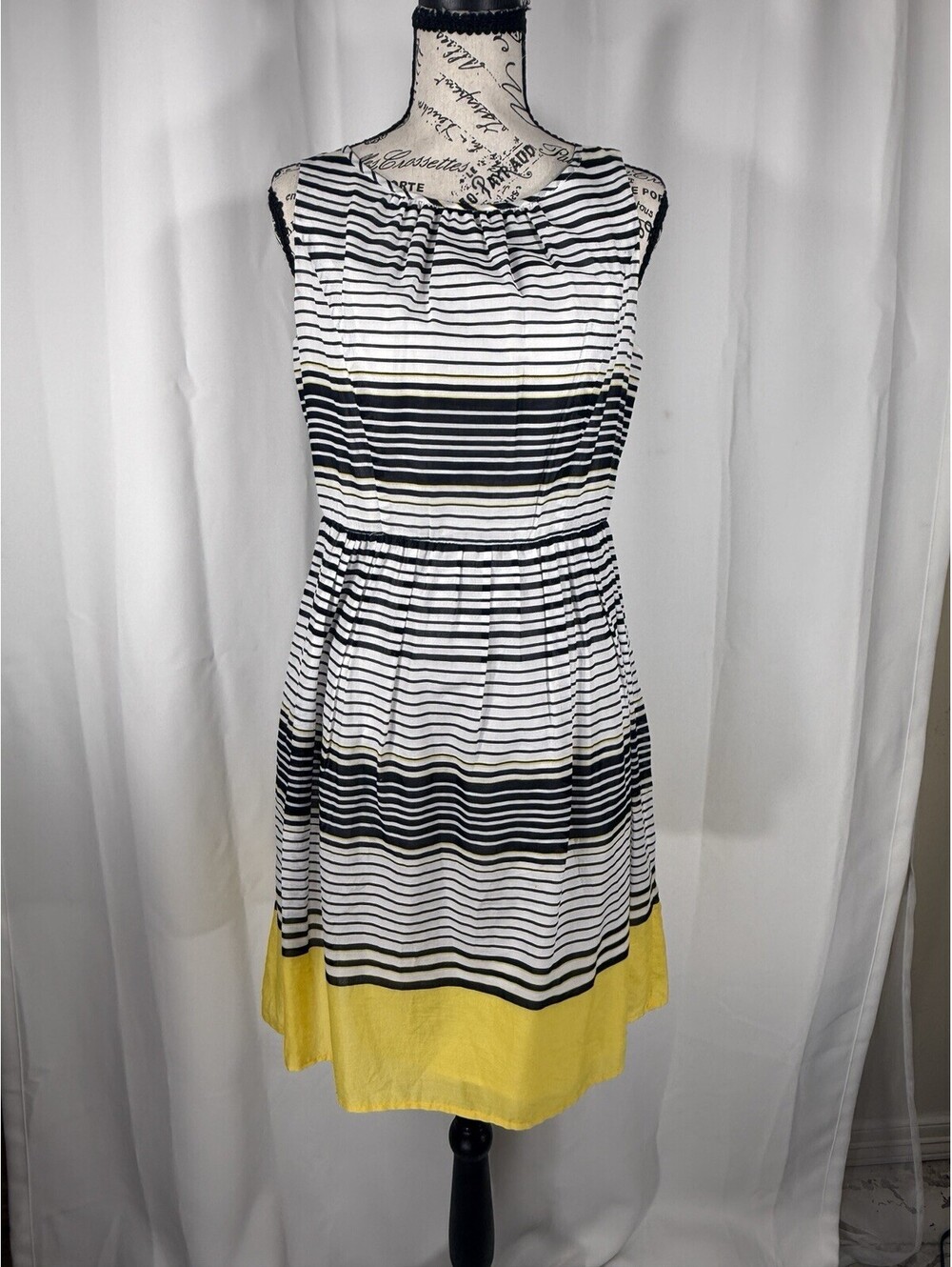Talbots Petites Striped Fit and Flare Dress 6P Cotton Black White Yellow Summer